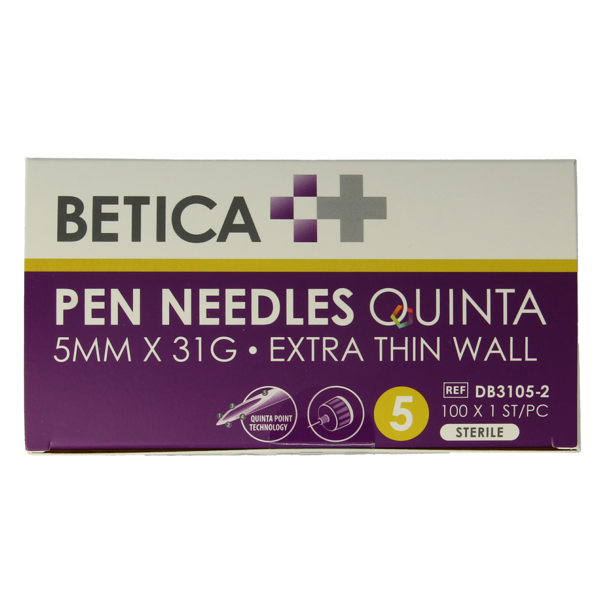 Betica Pennaalden Quinta sterile lancets, 5mm x 31g, for blood sampling, arranged in a row on a white background.