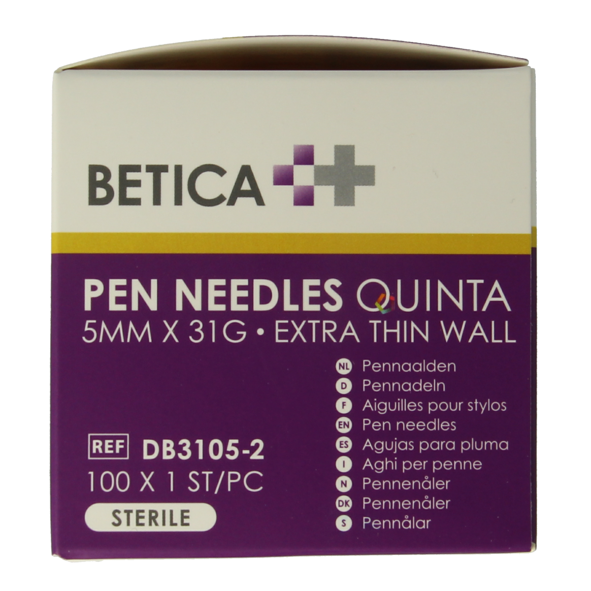 Betica Pennaalden Quinta sterilized lancets, 5mm x 31g, pack of 100 for blood glucose testing, displayed on white background.