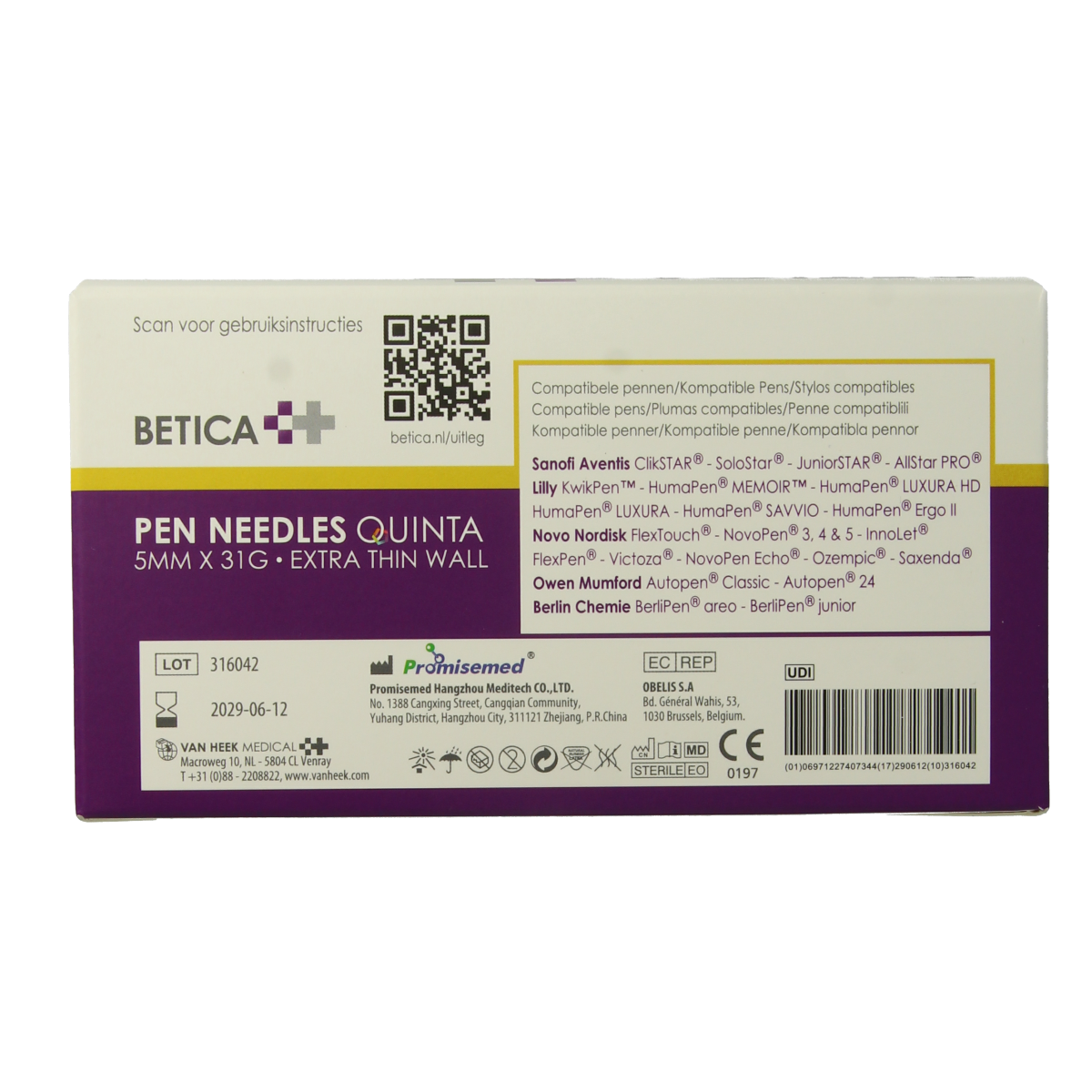 Betica lancetten Quinta sterile 5mm x 31g for blood sampling, shown in a box with 100 sterile lancets.