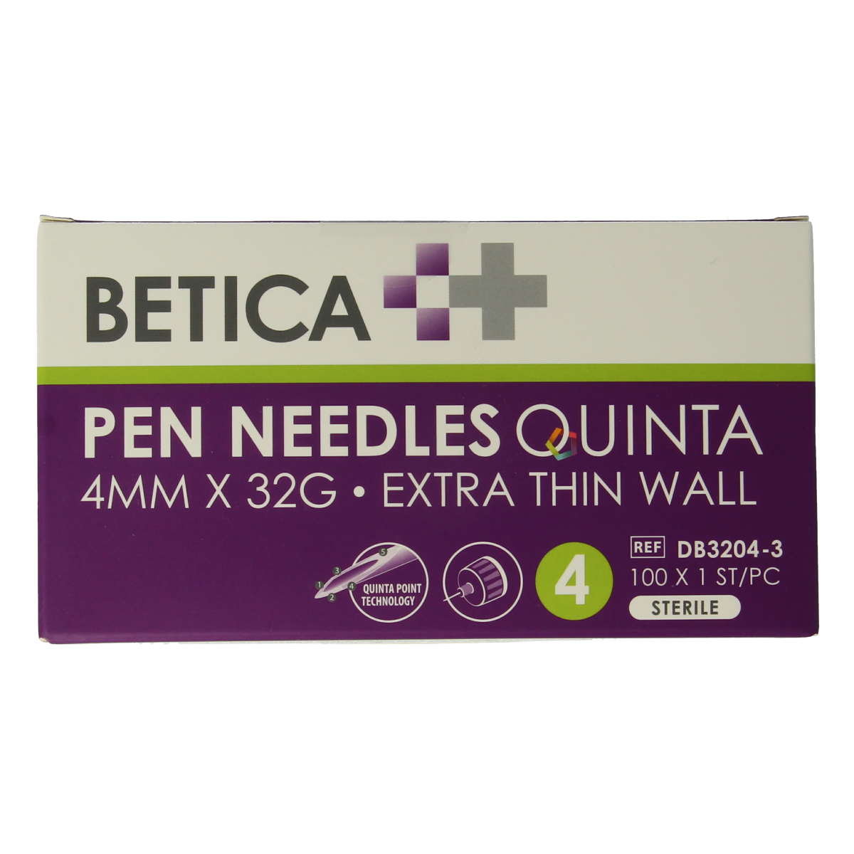 Betica Lancetten en Naalden Quinta, sterile 4mmx32g, pack of 100 for medical use, shown in the image.