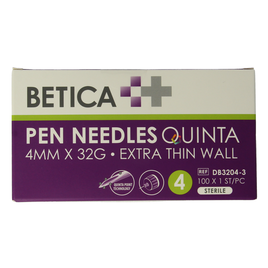 Betica Lancetten en Naalden Quinta, sterile 4mmx32g, pack of 100 for medical use, shown in the image.