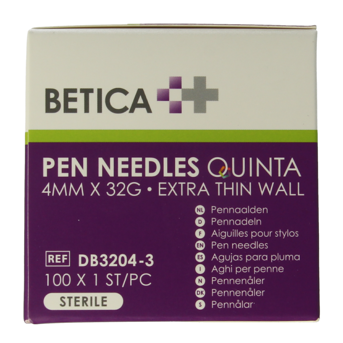 Betica Pennaalden Quinta sterile lancets, 4mm x 32G, 100 pack, for blood glucose testing, with sterile packaging and needle tips
