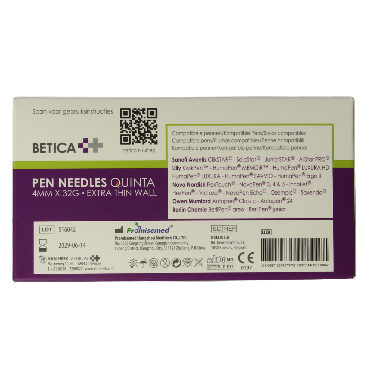 Betica lancetten naalden Quinta 4mmx32g, sterile medical needles for blood sampling, shown in clear packaging.
