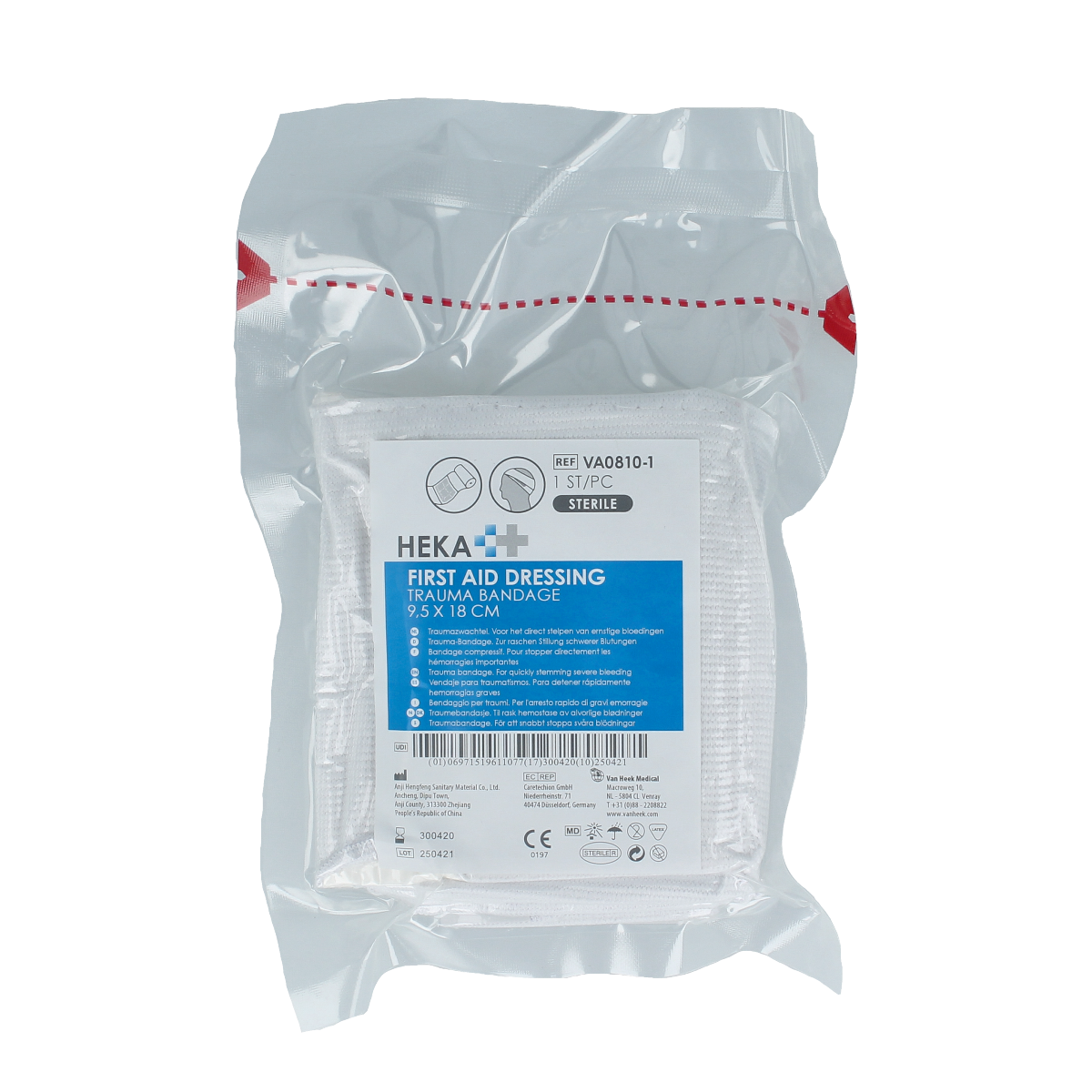 Hekafix Traumaverband 9.5 x 18cm snelverband, sterile wound dressing and elastic bandage in packaging.