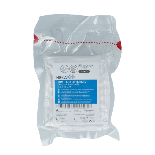 Hekafix Traumaverband 9.5 x 18cm snelverband, sterile wound dressing and elastic bandage in packaging.