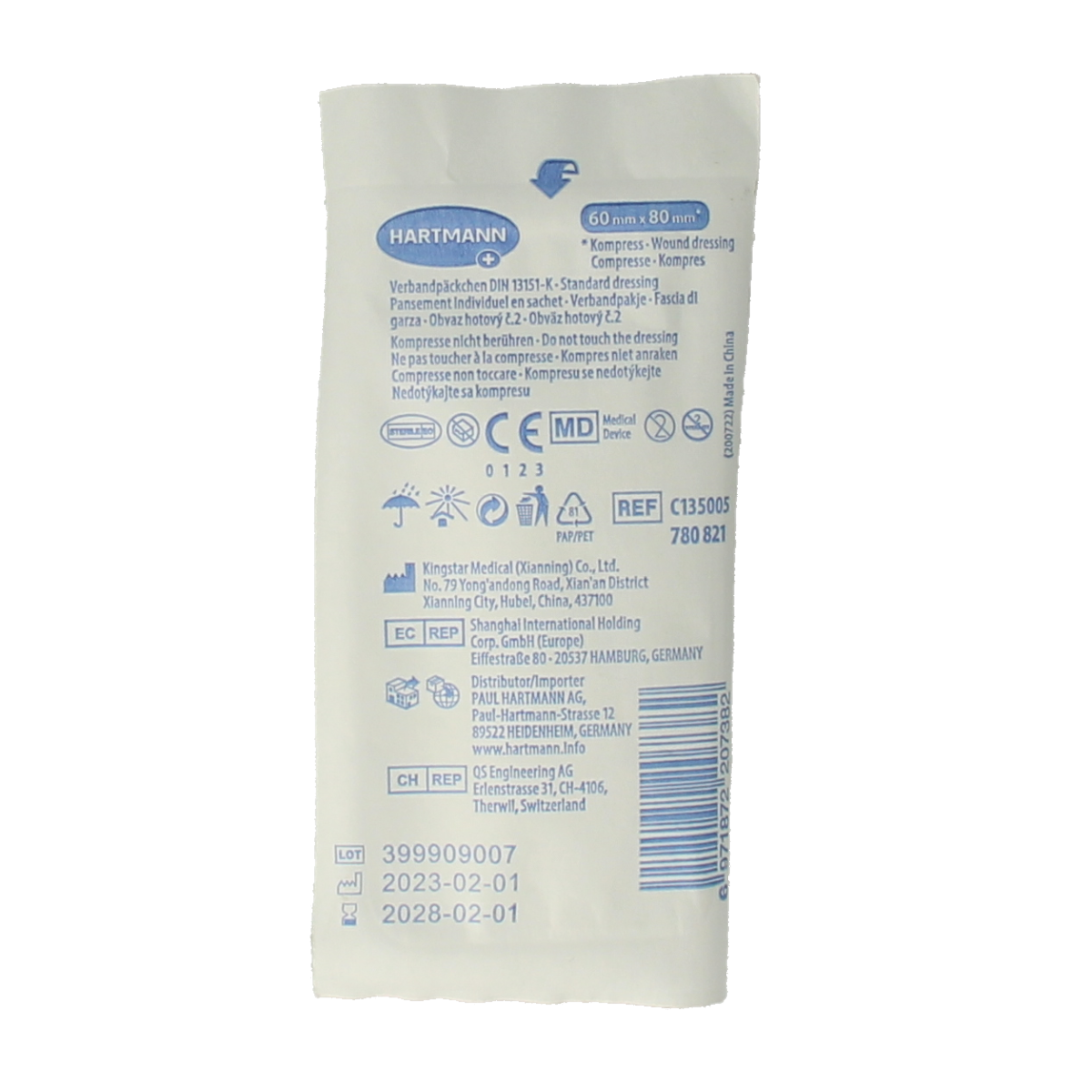 Small Hartmann wound dressing, 6x8 cm, for wound care, shown in package with sterile bandage for minor injuries.