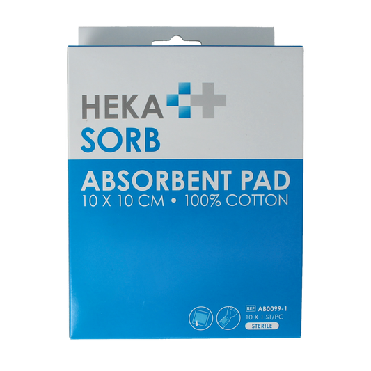 Sterile Hekasorb absorberende verband 10x10cm, soft, absorbent wound dressing for medical use, shown in the image.