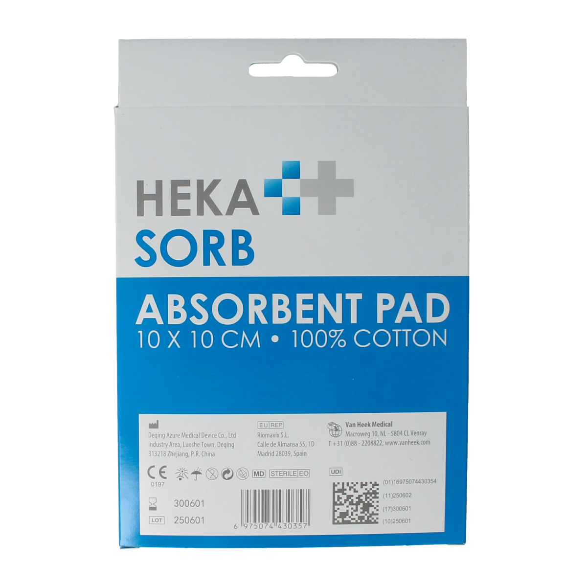 Sterile Hekasorb absorberende verbanden 10x10cm, pack of 10, with gauze-like appearance and medical-grade absorbent material