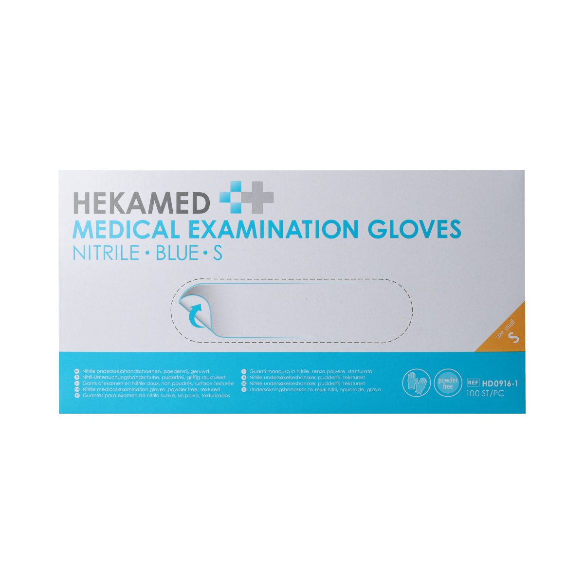 Pair of Heka Hekamed soft nitrile medical gloves in size S, showing the textured surface and packaging.