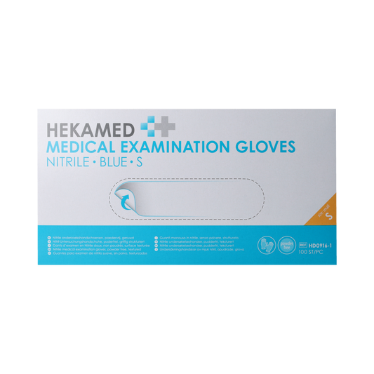 Pair of Heka Hekamed soft nitrile medical gloves in size S, showing the textured surface and packaging.