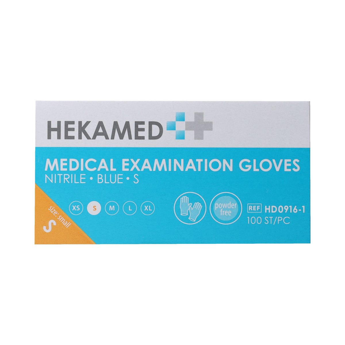 Pair of Heka Hekamed soft nitrile medical gloves in size S, shown in a box of 100 pieces, designed for protective medical use.