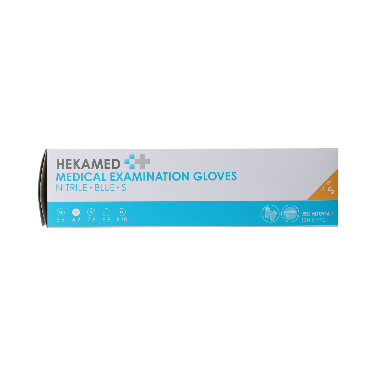 Pair of Heka Hekamed soft nitrile medical gloves in size S, shown in a box with 100 gloves for protective medical use.