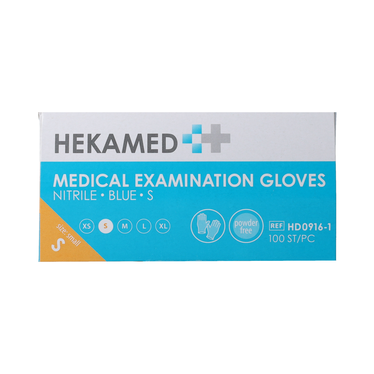 Pair of Heka Hekamed soft nitrile medical gloves in size small, with 100 gloves shown in the image.
