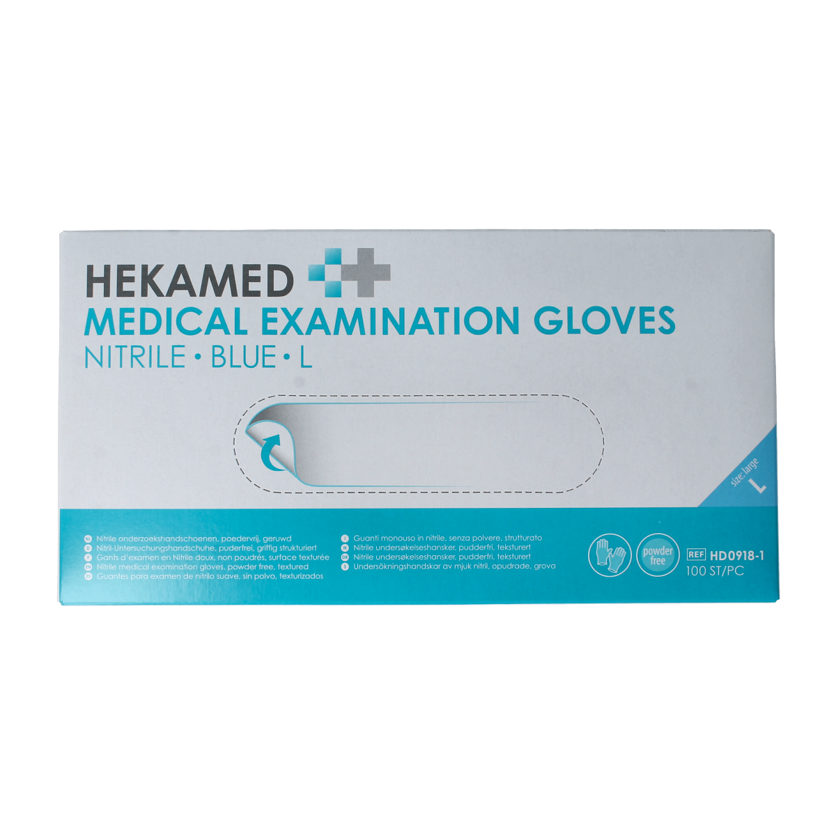Heka Hekamed soft nitrile medical gloves in size L, 100 disposable protective hand gloves for medical use.