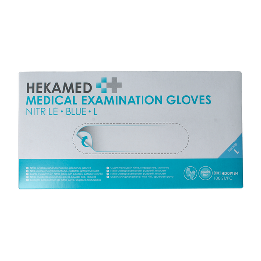 Heka Hekamed soft nitrile medical gloves in size L, 100 disposable protective hand gloves for medical use.