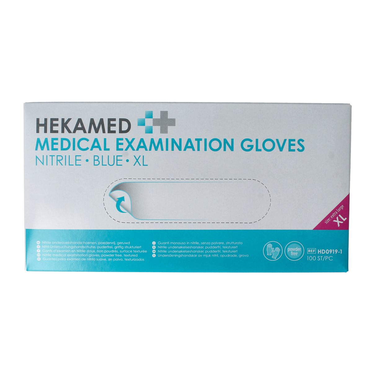 Pair of Hekamed soft nitrile XL medical gloves, protective disposable gloves for healthcare use, shown in a close-up image.