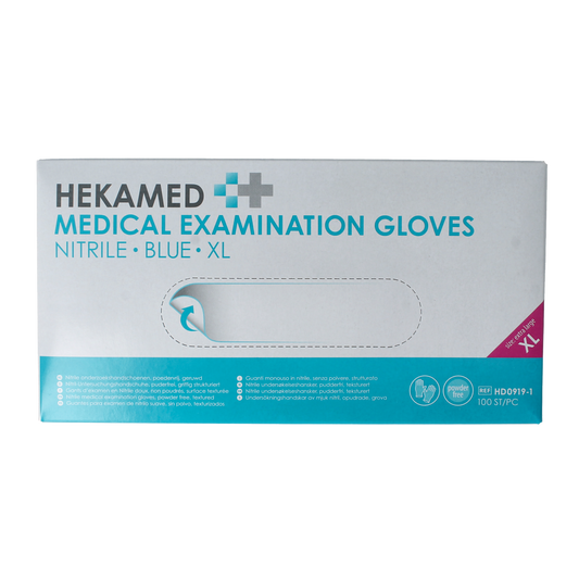 Pair of Hekamed soft nitrile XL medical gloves, protective clothing, in a box of 100 disposable gloves, white and flexible.