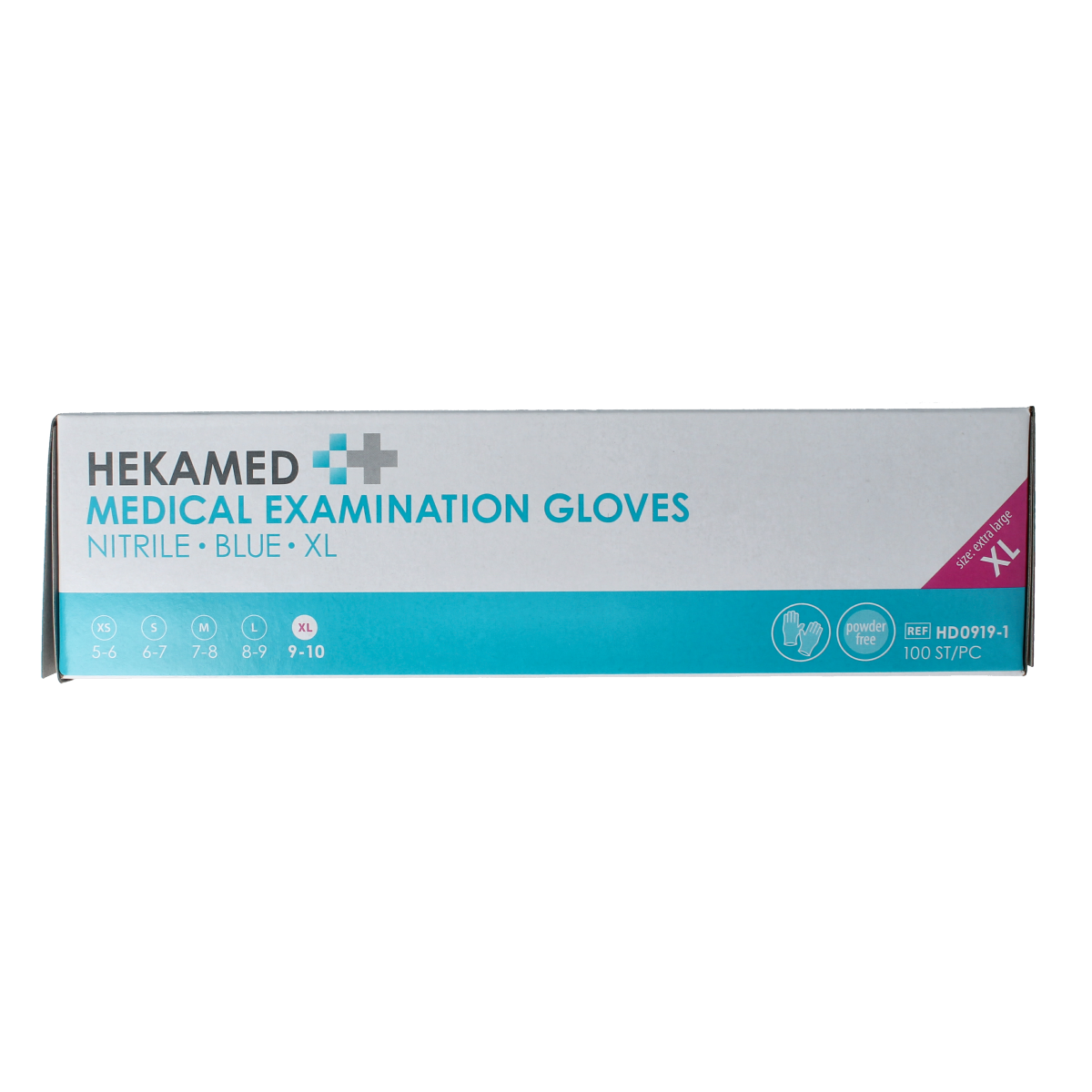 Pair of soft nitrile medical gloves by Hekamed, XL size, shown in a clean, professional setting.