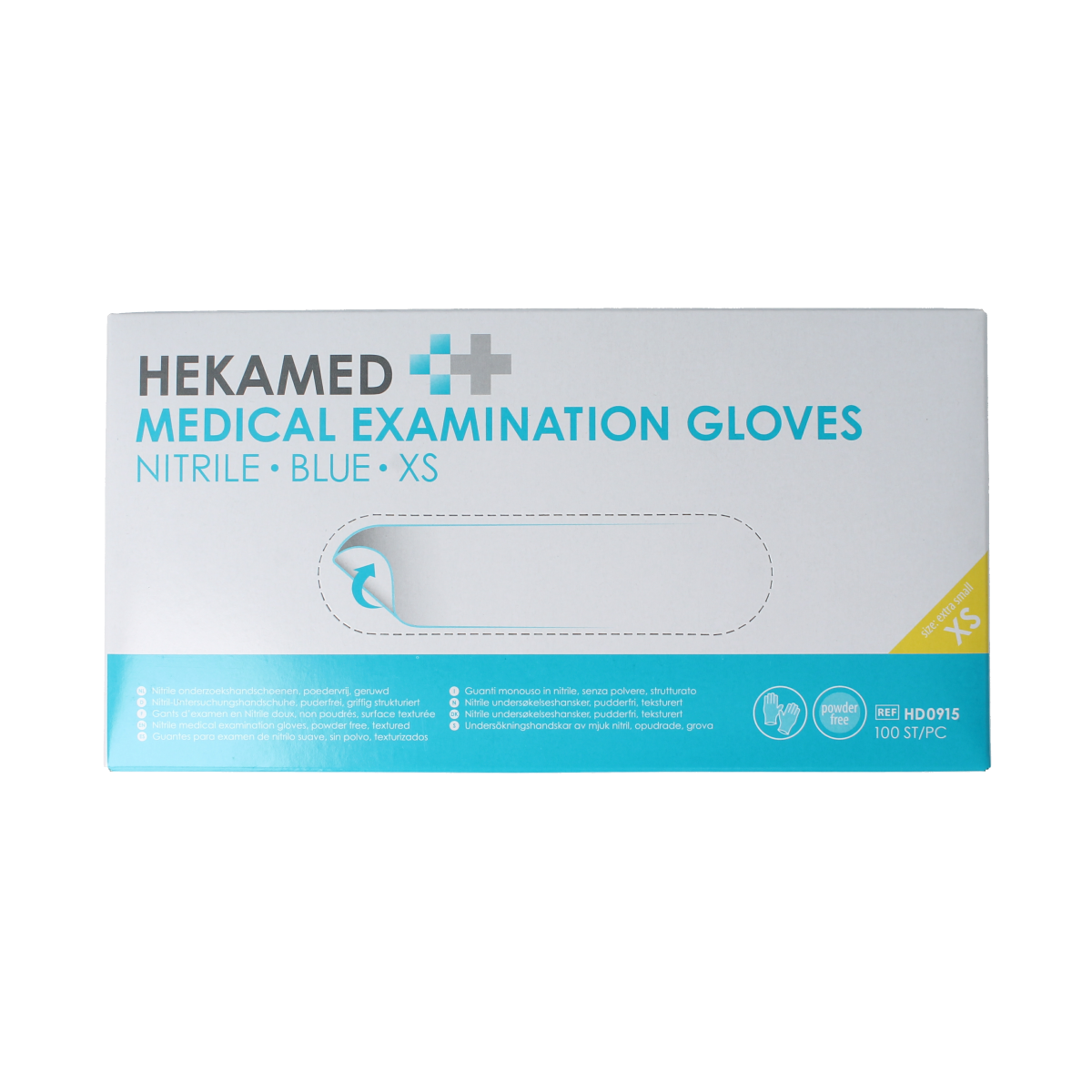 Pair of Hekamed soft nitrile medical gloves in XS size, shown in a row, packaged for protective use in medical settings.
