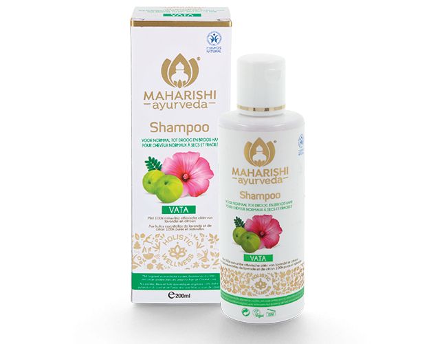 Maharishi Ayurv Vata kruiden shampoo in a 200ml bottle, natural hair care product with herbal ingredients for healthy hair.