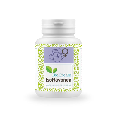 Biodream Isoflavonen supplement capsules in a bottle, herbal remedy product from Biodream for hormonal support.