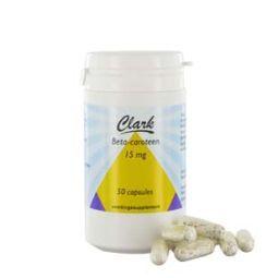 Clark Beta Caroteen natural vitamin capsules in a bottle, showing 50 capsules of antioxidant-rich dietary supplement.
