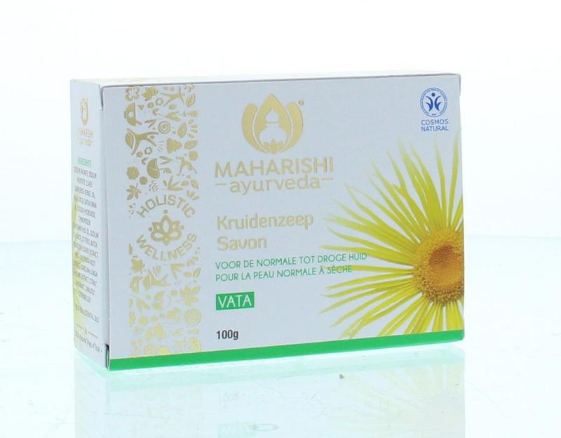 Maharishi Ayurv Vata kruidenzeep in a 100g bar with herbal ingredients, natural soap packaging, and textured surface.