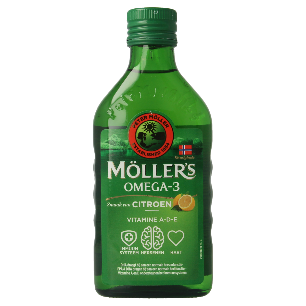 Mollers Omega-3 levertraan citroen bottle, 250ml, a fish oil supplement with lemon flavor, in a clear plastic bottle.