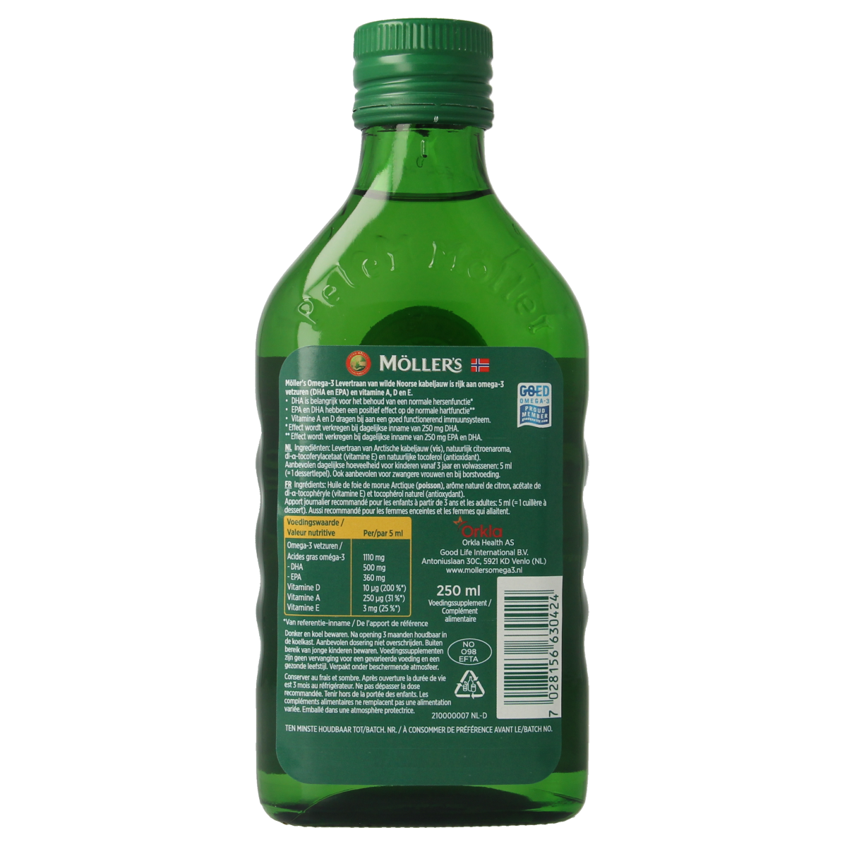 Mollers Omega-3 lemon-flavored fish oil bottle, 250ml, rich in healthy fatty acids, with a lemon label and clear cap.