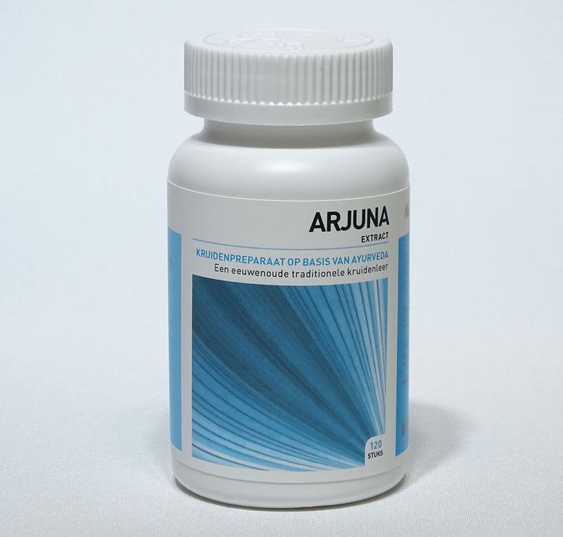 Ayurveda Health Arjuna Terminalia herbal tablets in a bottle, herbal supplement packaging for natural health.