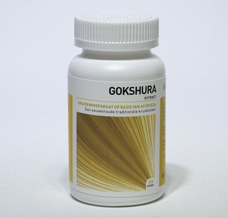 Ayurveda Health Gokshura tribulus tablets in a bottle, herbal supplement for health and wellness, with label and tablets visible.