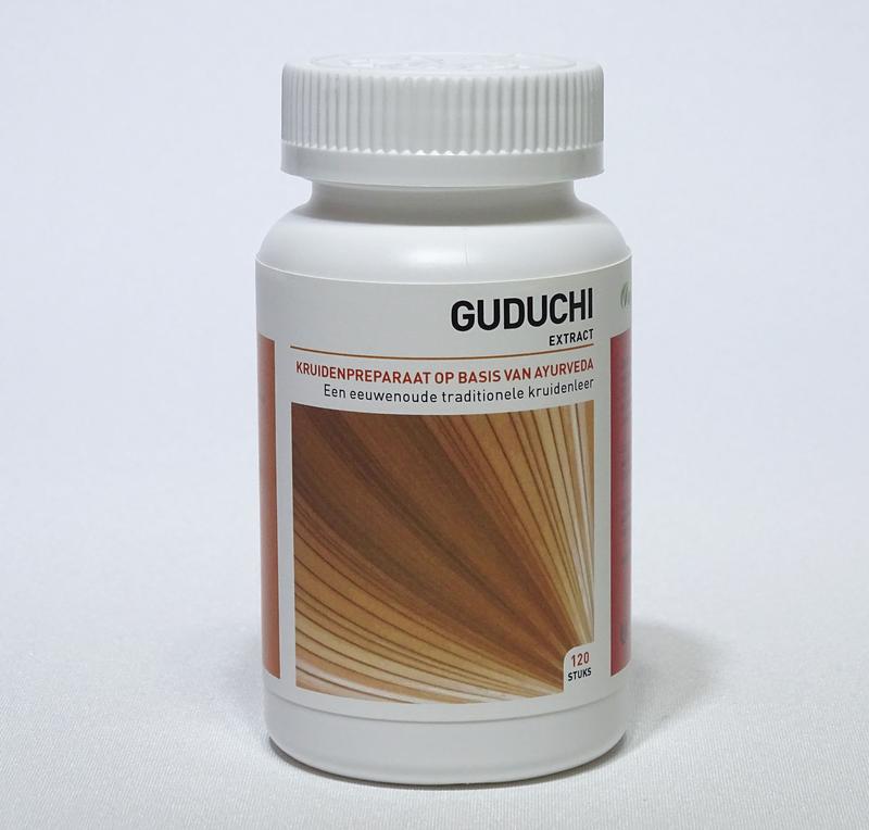 Ayurveda Health Guduchi herbal tablets in a tin, natural supplement from Kruidenpreparaten, used for health and wellness.