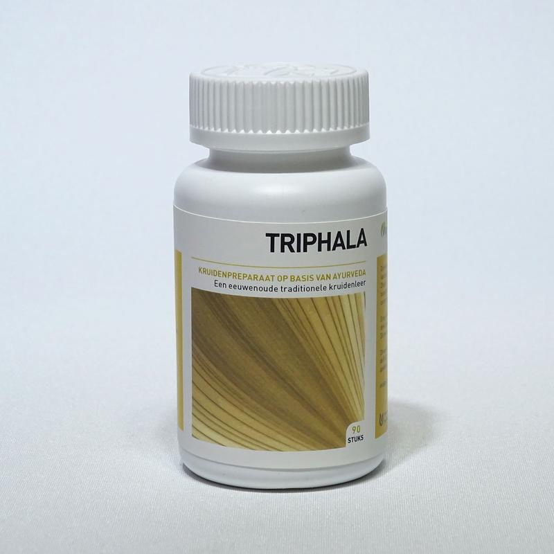 Ayurveda Health Triphala herbal supplement in tablet form, showing a bottle with 90 tablets on a neutral background.