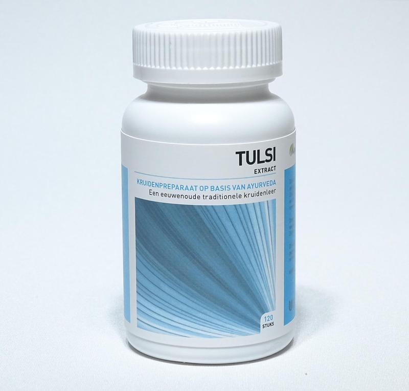 Ayurveda Health Tulsi Ocimum sanctum herbal tablets in a bottle, featuring green and white packaging with tablets visible inside.