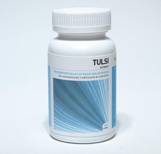 Ayurveda Health Tulsi Ocimum sanctum herbal tablets in a bottle, featuring green and white packaging with tablets visible inside.
