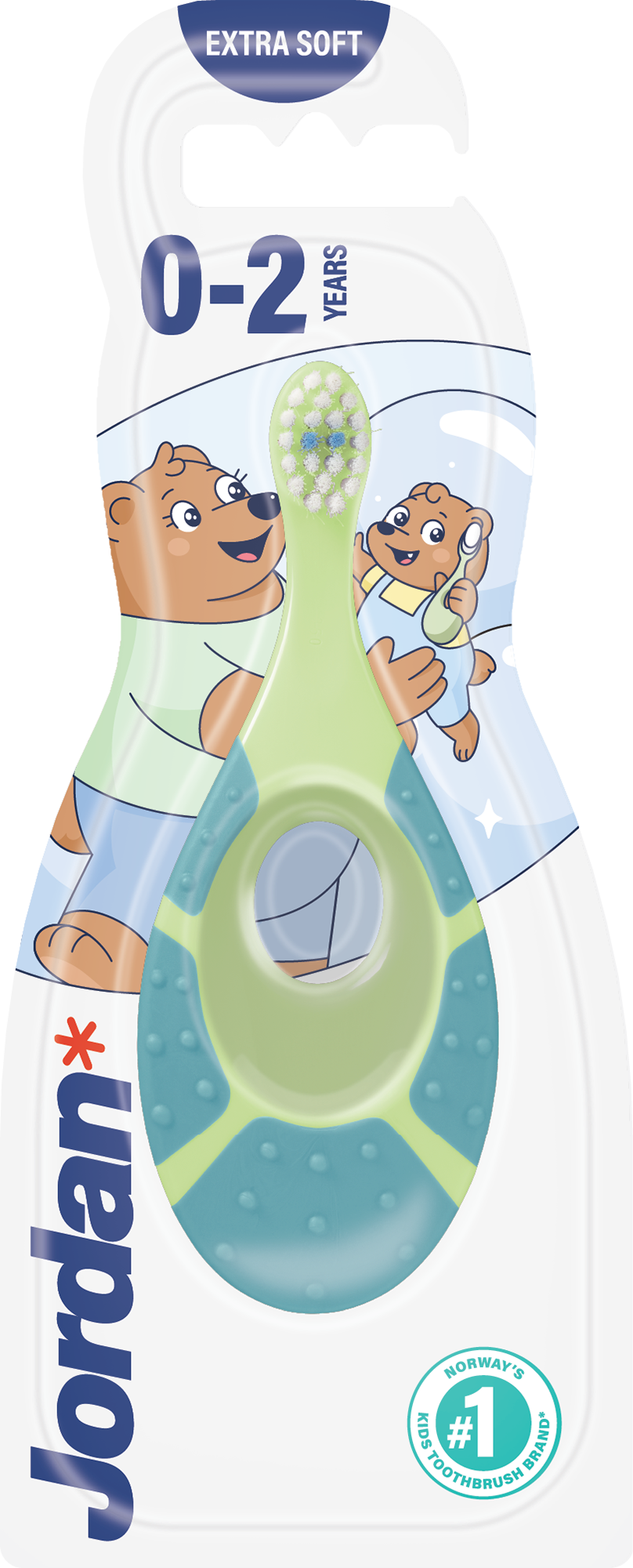 Jordan Tandenborstel step by step for 0-2 years, soft bristles, child-friendly design, suitable for toddler oral care.