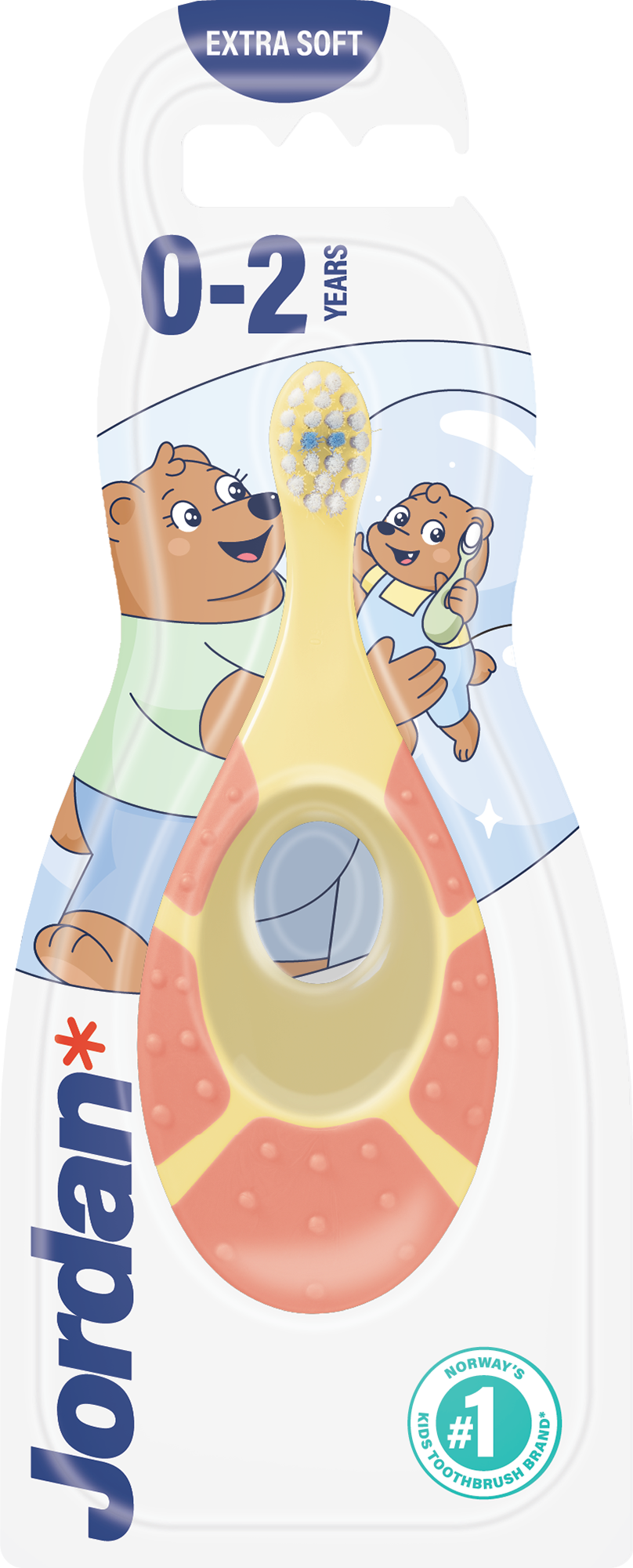Jordan Tandenborstel step by step for ages 0-2, soft bristles, designed for gentle baby teeth cleaning, shown with a colorful handle.
