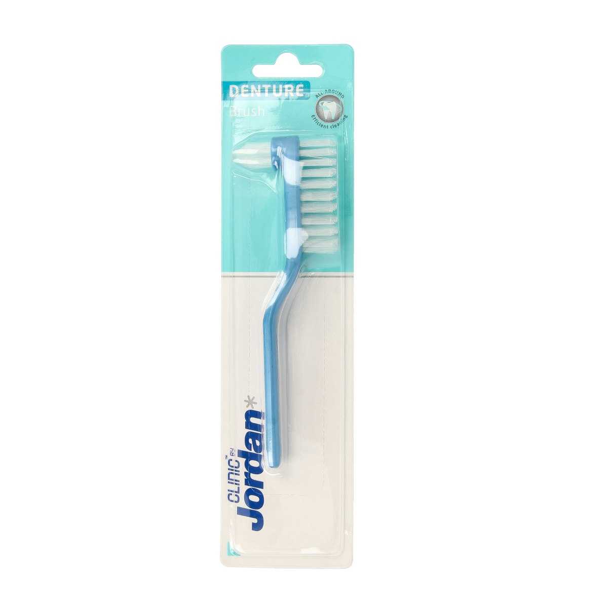 Jordan Protheseborstel 1.00, a dental prosthesis toothbrush for cleaning dentures, with soft bristles and ergonomic handle.