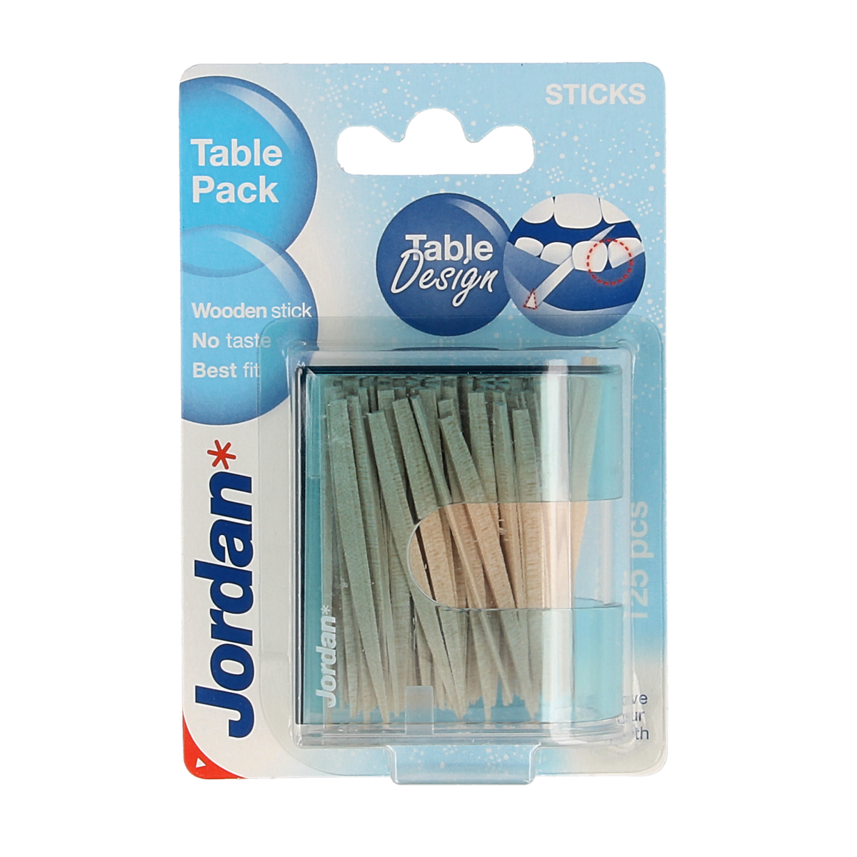 Jordan Tandenstoker tafeldispenser with 125 disposable toothpicks and ragers, displayed in a clear, organized dispenser for easy access.
