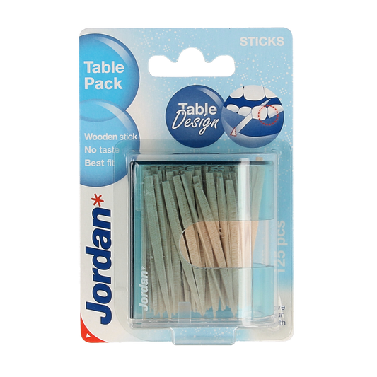 Jordan Tandenstoker tafeldispenser with 125 disposable toothpicks and ragers, displayed in a clear, organized dispenser for easy access.