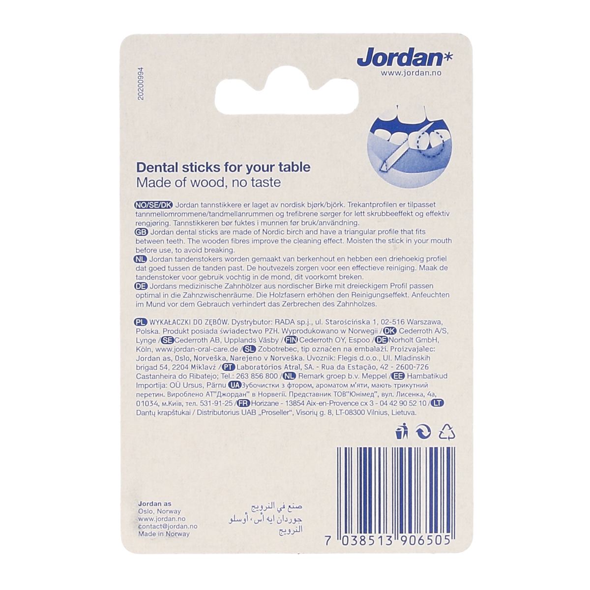 Jordan Tandenstoker tafeldispenser with 125 dental toothpicks and ragers, displayed in a clear plastic dispenser.