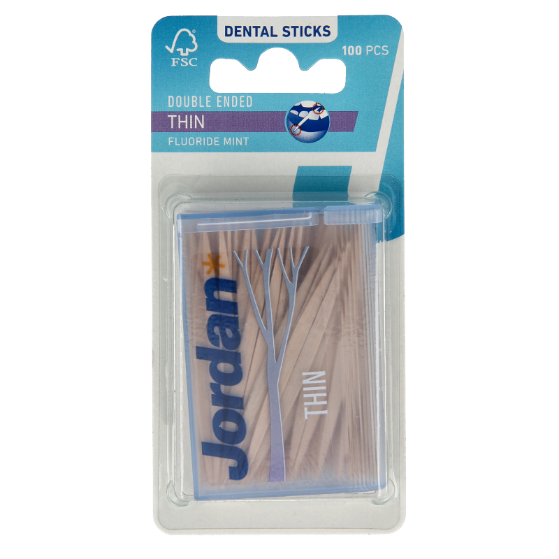 Jordan Tandenstoker dun mint, set of 100, dental flossers and picks, with a mint flavor and ergonomic design.