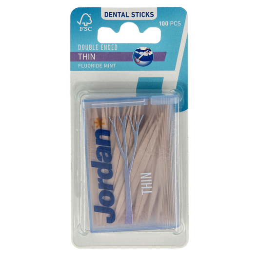 Jordan Tandenstoker dun mint, set of 100, dental flossers and picks, with a mint flavor and ergonomic design.