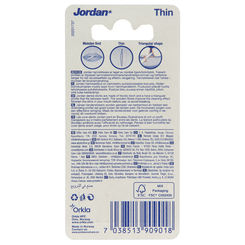 Jordan Tandenstoker dun mint, pack of 100 dental flossers and picks, with slim design and mint flavor for oral hygiene.