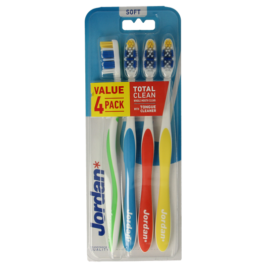 Set of four Jordan TotalClean Soft toothbrushes with blue and white handles, suitable for gentle oral care.
