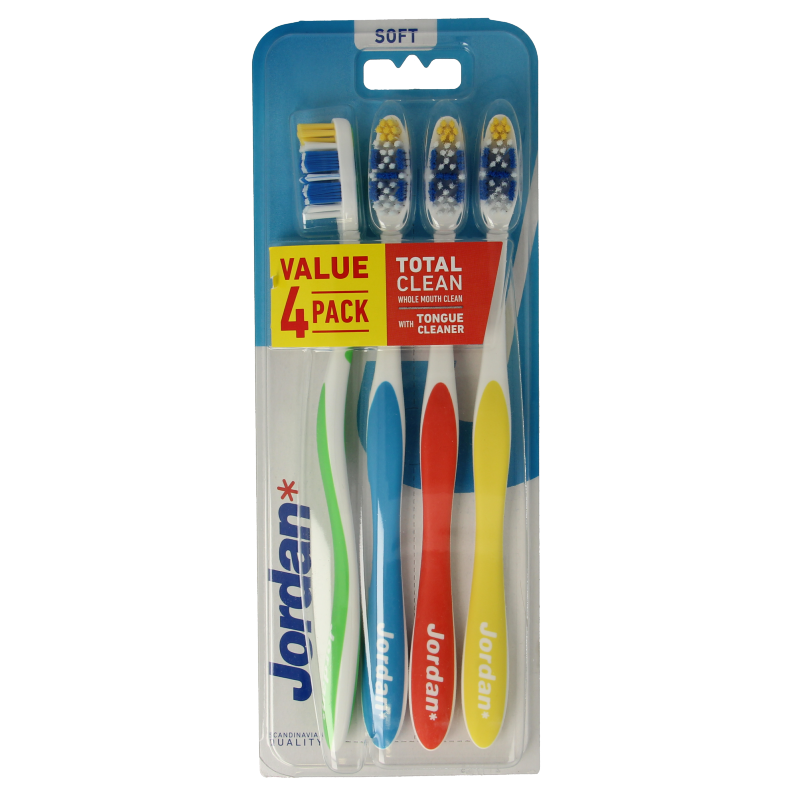 Jordan TotalClean Soft toothbrushes, set of 4, with blue and white handles, designed for gentle cleaning and oral hygiene.