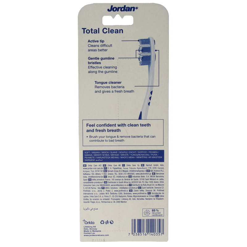 Jordan TotalClean soft toothbrushes, set of 4, with blue and white handles, designed for gentle and thorough oral cleaning.