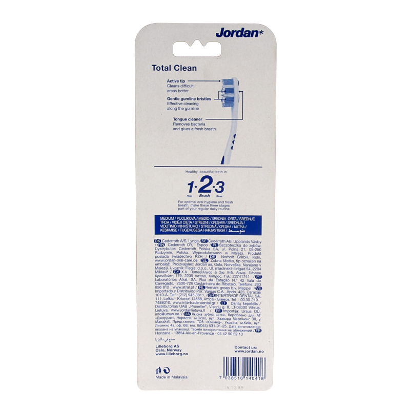 Jordan TotalClean medium toothbrushes, pack of 4, with ergonomic handles and soft bristles for effective dental cleaning.