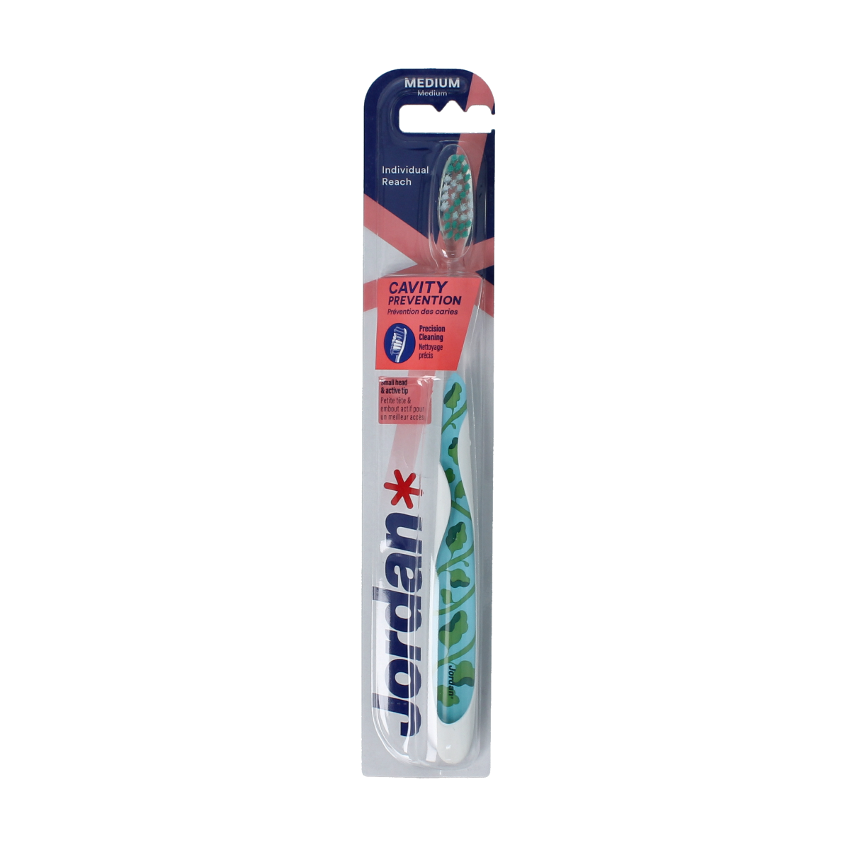 Jordan Tandenborstel Reach Medium toothbrush, individual pack with one medium-bristle toothbrush for effective oral cleaning.