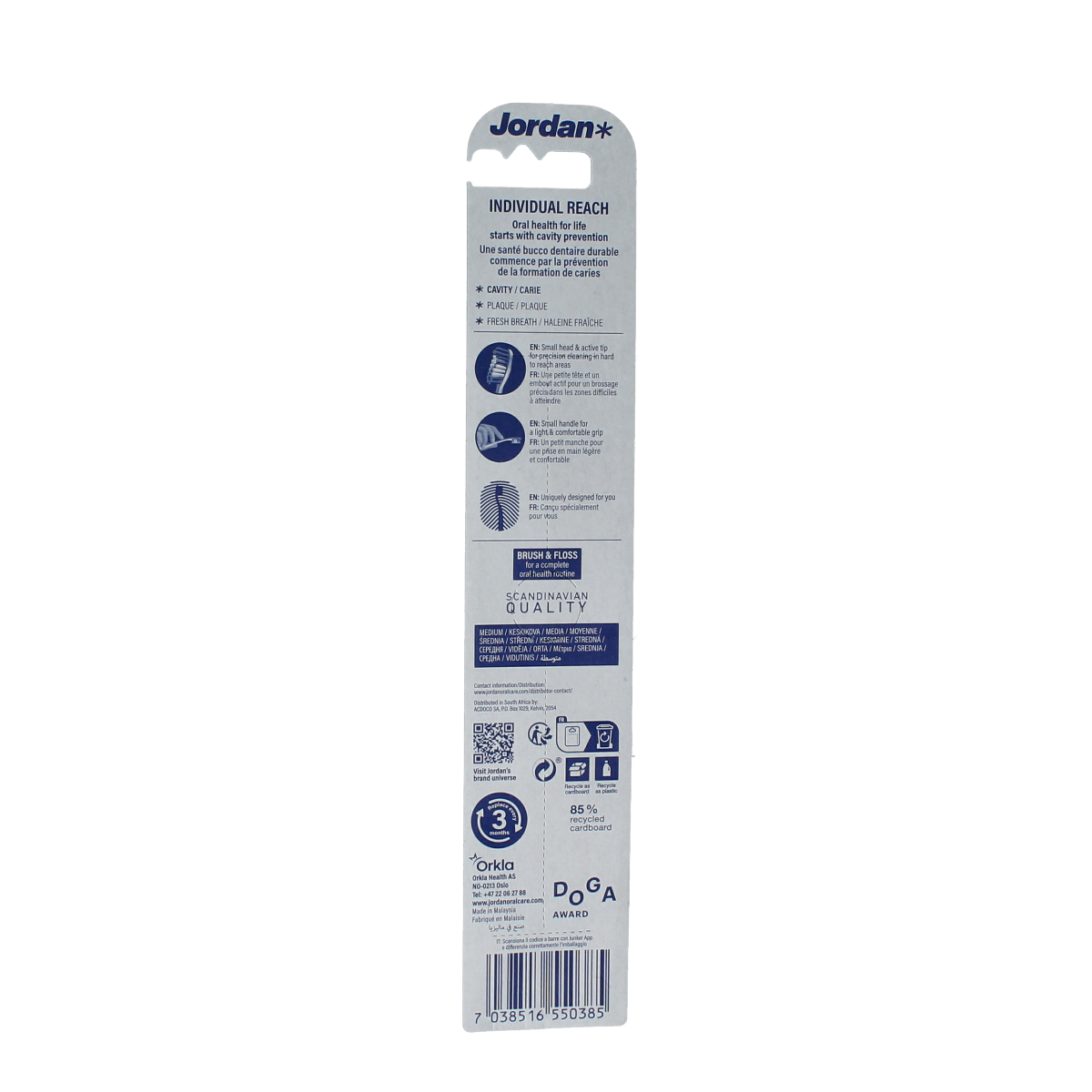 Jordan Tandenborstel reach medium toothbrush with ergonomic handle, shown in the image.